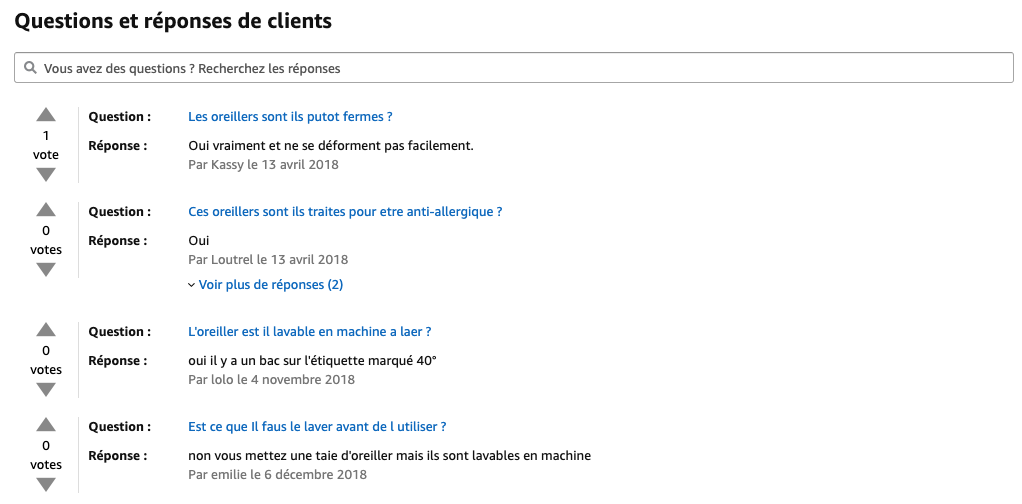 fiche produit Amazon questions et réponses des clients