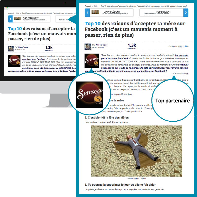 Native advertising pour la marque Senseo publié sur le site web TOPITO