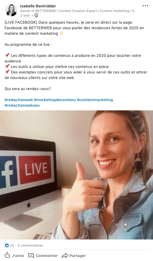 pour avoir plus de fans sur facebook annonce la création de ta page sur Linkedin